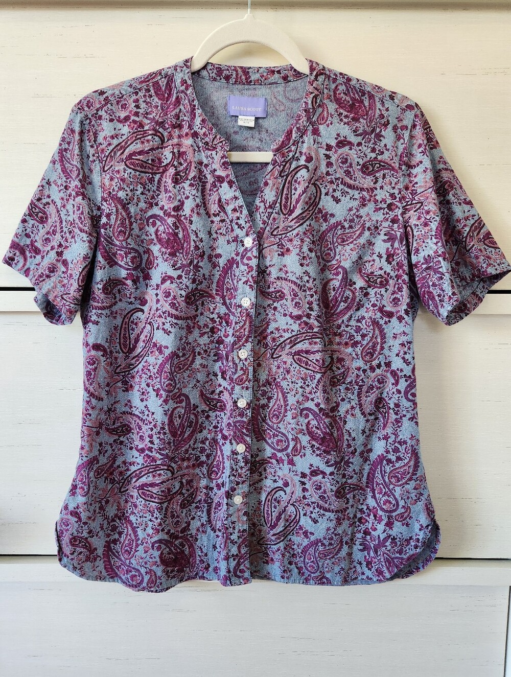 Laura Scott Short-sleeve Button-up Blouse Top Blue Purple Paisley Womens Medium